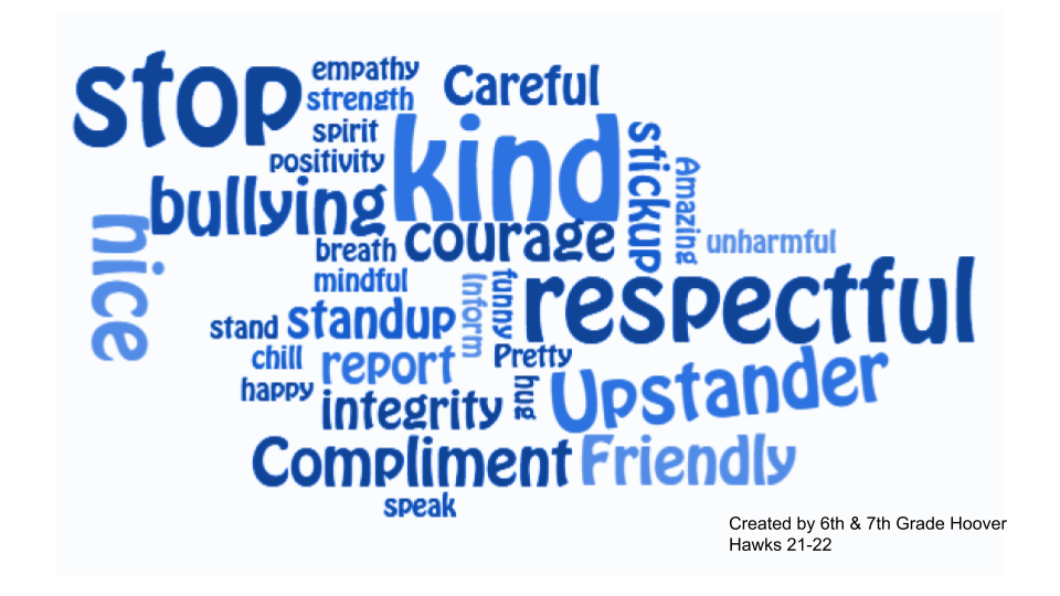Created by 6th & 7th Grade Hoover hawks 21-22: Stop Bullying , empathy, strength, spirit, positivity, careful, kind, courage stickup, amazing unharmful, respectful, funny, upstander, friendly, speak, compliment, integrity, hug, pretty, report, standup, mindful, breath, stand, chill, happy